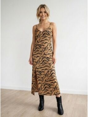Scotch & Soda Slip Dress Midi Animal Print Tiger Gold Black Button Slit VNeck XS